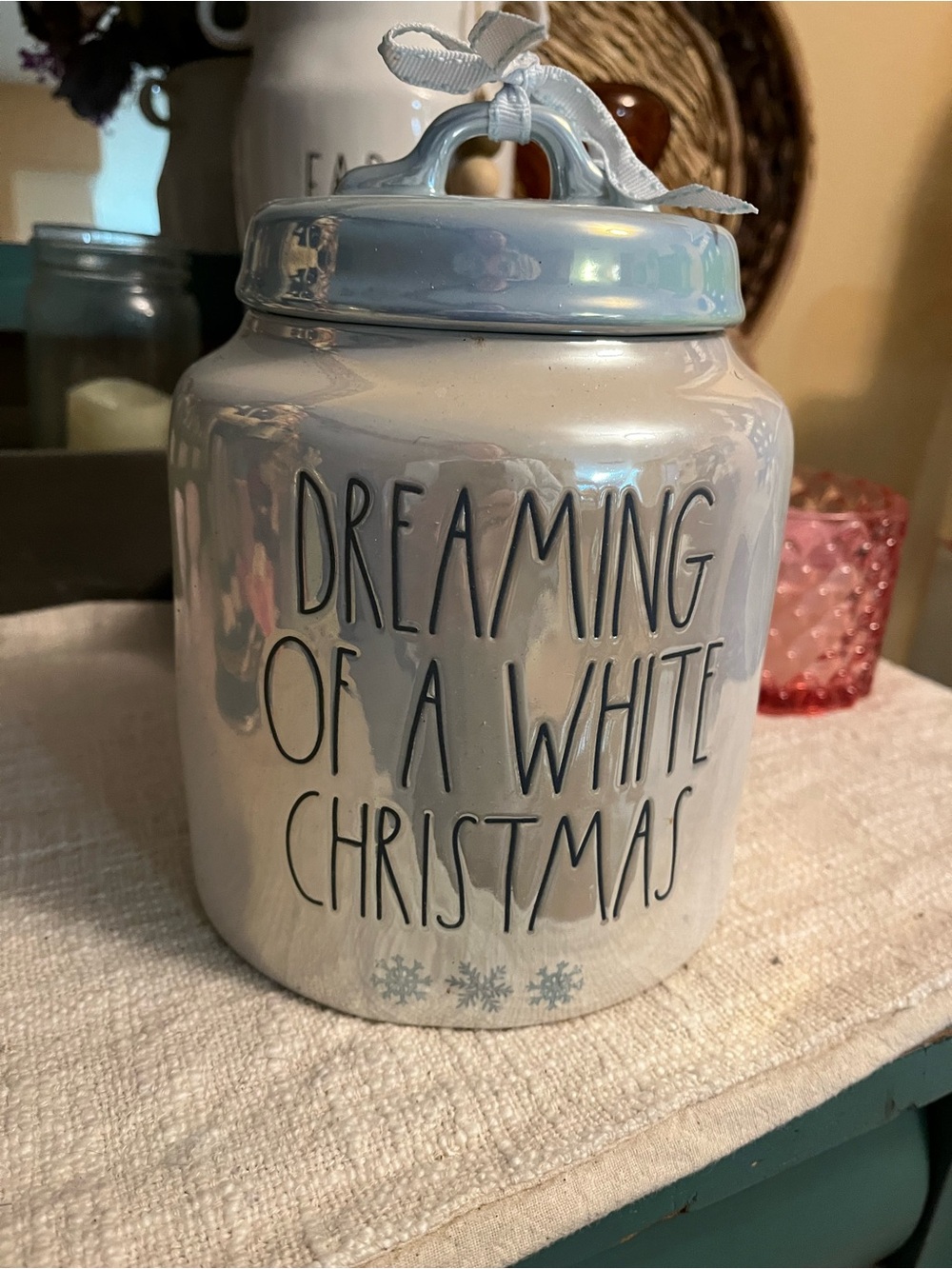 Rae Dunn White Iridescent 'Dreaming of a White Christmas' Canister 8”
